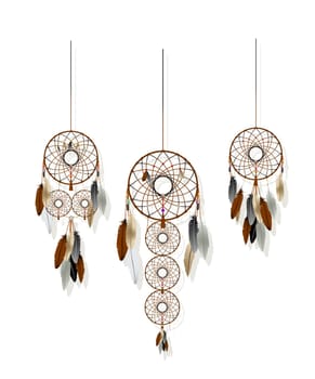Native American-Indian dreamcatcher collection over white background.