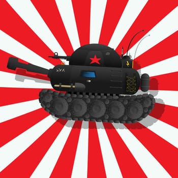 Retro art drawing of a tank and shadow over a stripped background.