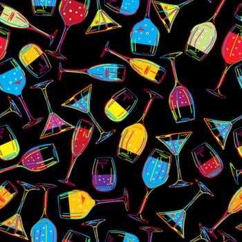 Seamless background pattern with various drinks, cocktails. Abstract art.