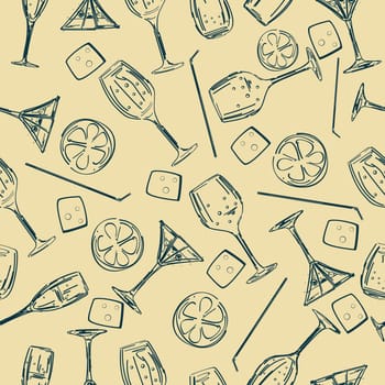 Stylized seamless background pattern with cocktail glasses, straws and ice cube