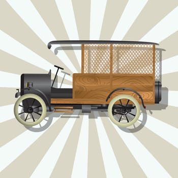 Retro art drawing of a vintage truck and shadow over a stripped background.