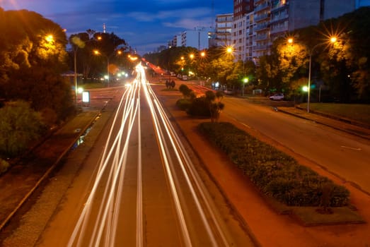 Traffic lines of lights at night.