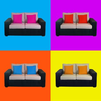 Multicolor modern pop art sofa isolated over colorful background