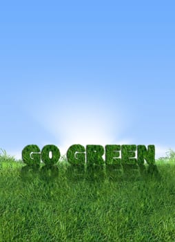 Textured go green sign over fresh grass. Clear blue sky background.