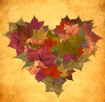 Multicolored fall leaf lot in heart shape over vintage background