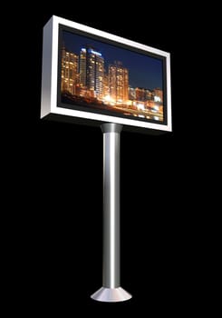 Billboard lcd display with a night cityscape inside over a black background.