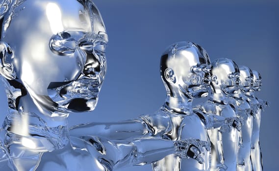 Glassy 3d cyber men in perspective with open arms over blue background.