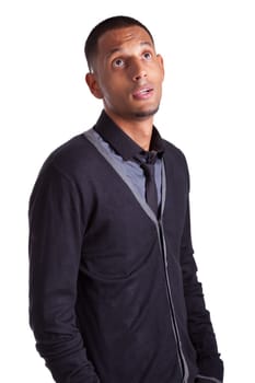 Portrait of a young african american man looking up, isolated on white background