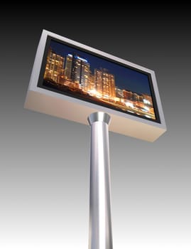 Bottom view of a billboard lcd display displaying a night cityscape over a gradient background