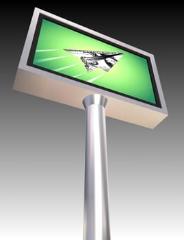 Billboard lcd display with flying dollar bill inside over a gradient background.