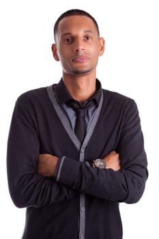 Portrait of a young african american man with folded arms, isolated on white background