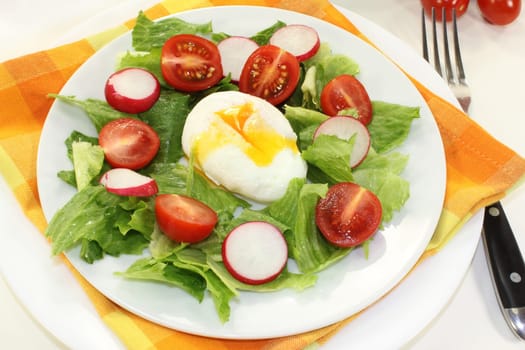 mixed colorful salad with poached egg