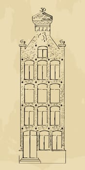 Stylized drawing of a Dutch style house, hand drawn sketch