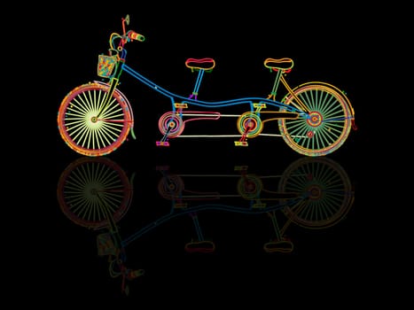 Stylized tandem bicycle and reflection against black background