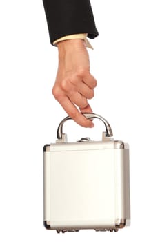 woman unlocking metal grey case with money