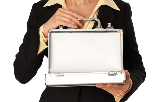 woman holding metal grey case with money