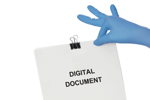 Woman in blue gloves holding digital document in the hand