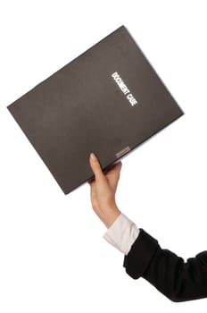 The office worker holds the document case in the hands