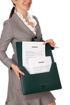 Businesswoman taking out from a suitcase contract for new employees