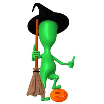 Angle view puppy with broom posing on pupkin