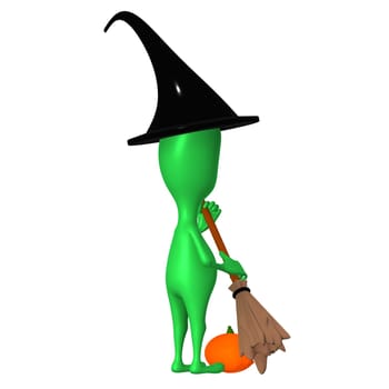 Behind view puppy with broom swept pupkin away