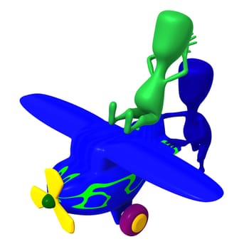 Over view blue puppy pushing airplane to move