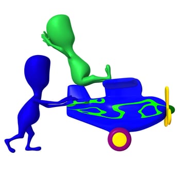 Side view blue puppy pushing airplane to move