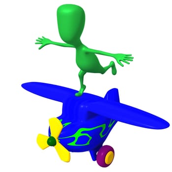 Angle view green puppy imitate flight on airplane