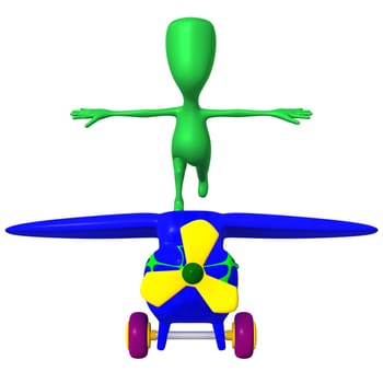 Front view green puppy imitate flight on airplane