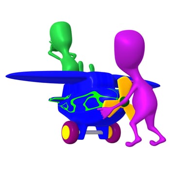 Front view pink puppy starting airplane to work