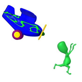 Side view puppy run away from nosediving airplane