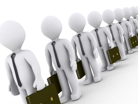 3d businessmen are standing in line waiting (different angle camera)