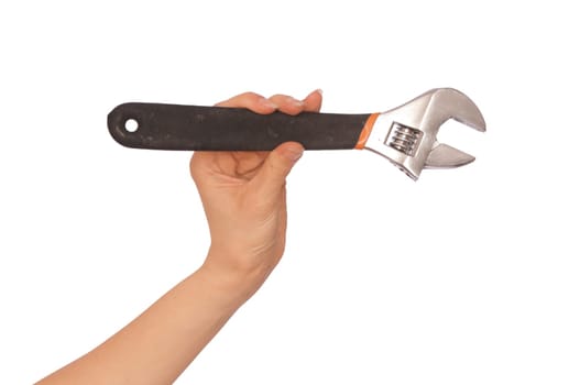 woman holding chrome vanadium spanner in the hand