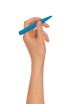 businesswoman drawing scheme with blue felt-tip pen