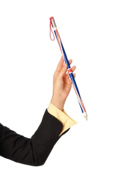 businesswoman drawing diagrams for her partners on the meeting with big funny pencil