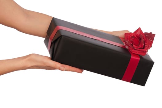 woman giving a black box with red rose as a gift