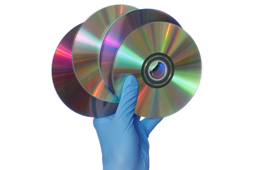 inspector in blue gloves holds in a hand confidential audio and video about hacker programs and viruses