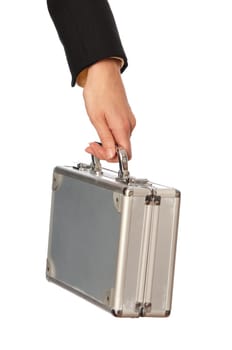 woman unlocking metal grey case with money