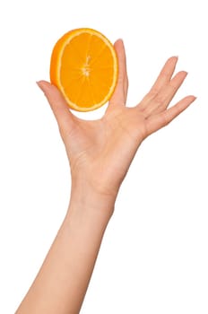 Slice of a fresh Sicilian orange in the hand