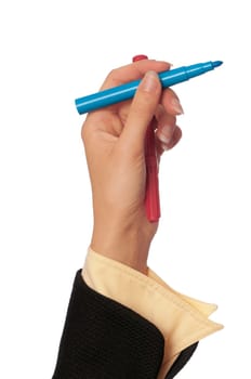 businesswoman drawing scheme with blue felt-tip pen