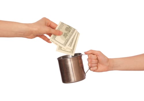 woman giving alms in dollars to another woman