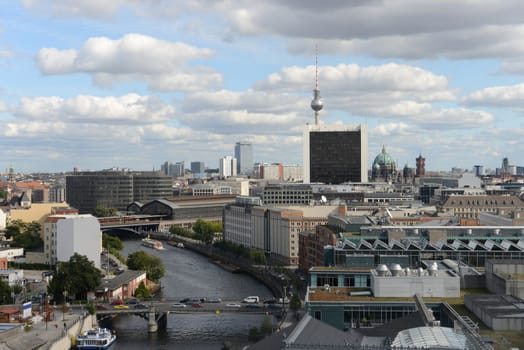 Aerial view from Reichstag Cupola to Berlin with the river Spree. (Germany)