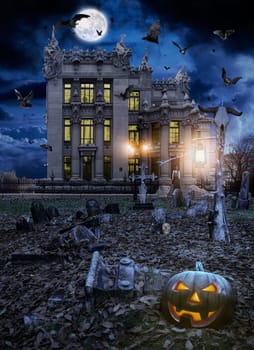 Halloween, Jack o' lantern in a night cemetery