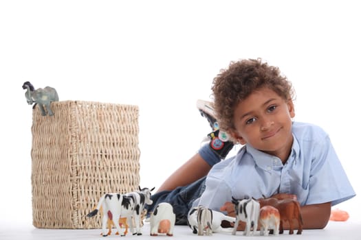 Little boy playing with toy animals