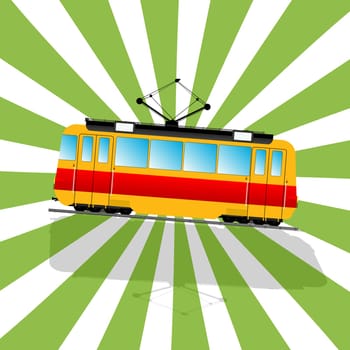 Retro art drawing of a imaginary Tramcar car and shadow over a stripped background.