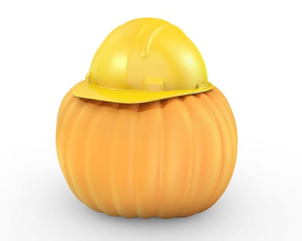 Orange pumpkin in a yellow helmet isolated on white background