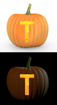 T letter carved on pumpkin jack lantern isolated on and white background