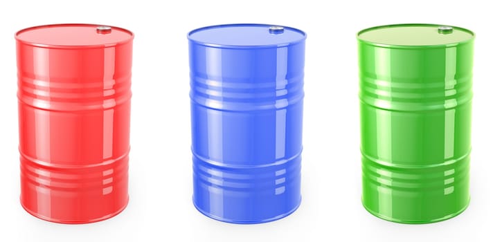 Three single red barrels, red, green and blue isolated on white background
