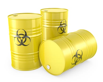 Three yellow barrels with biohazard symbol, isolated on white background