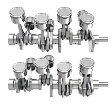 V8 engine pistons on a crankshaft, two positions, isolated on white background